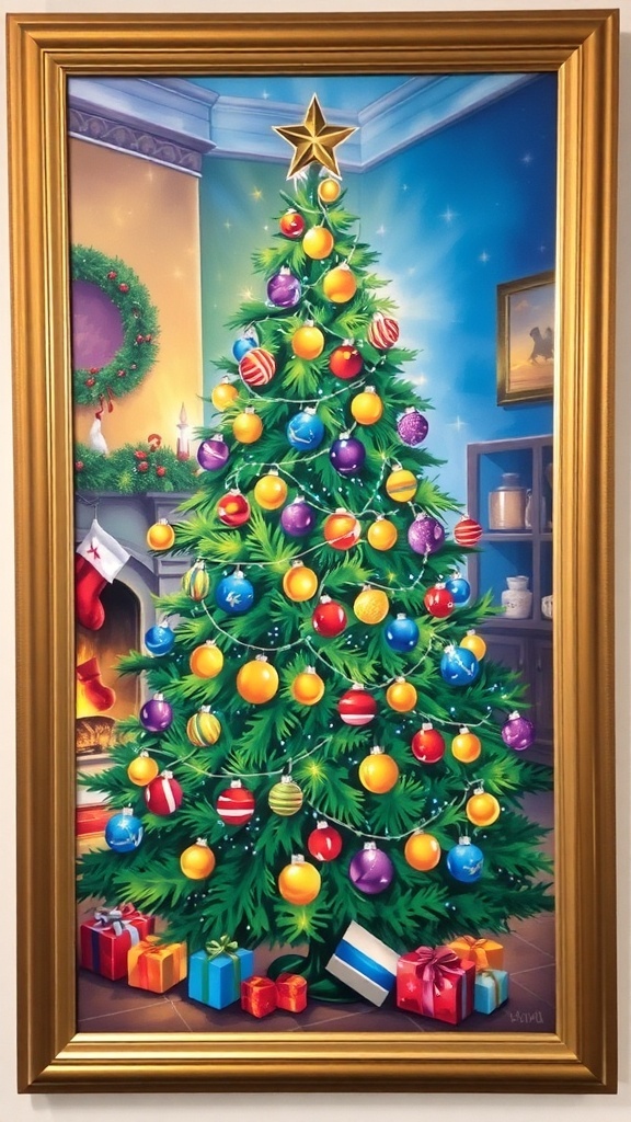 A festive painting of a green Christmas tree in a cozy living room setting.